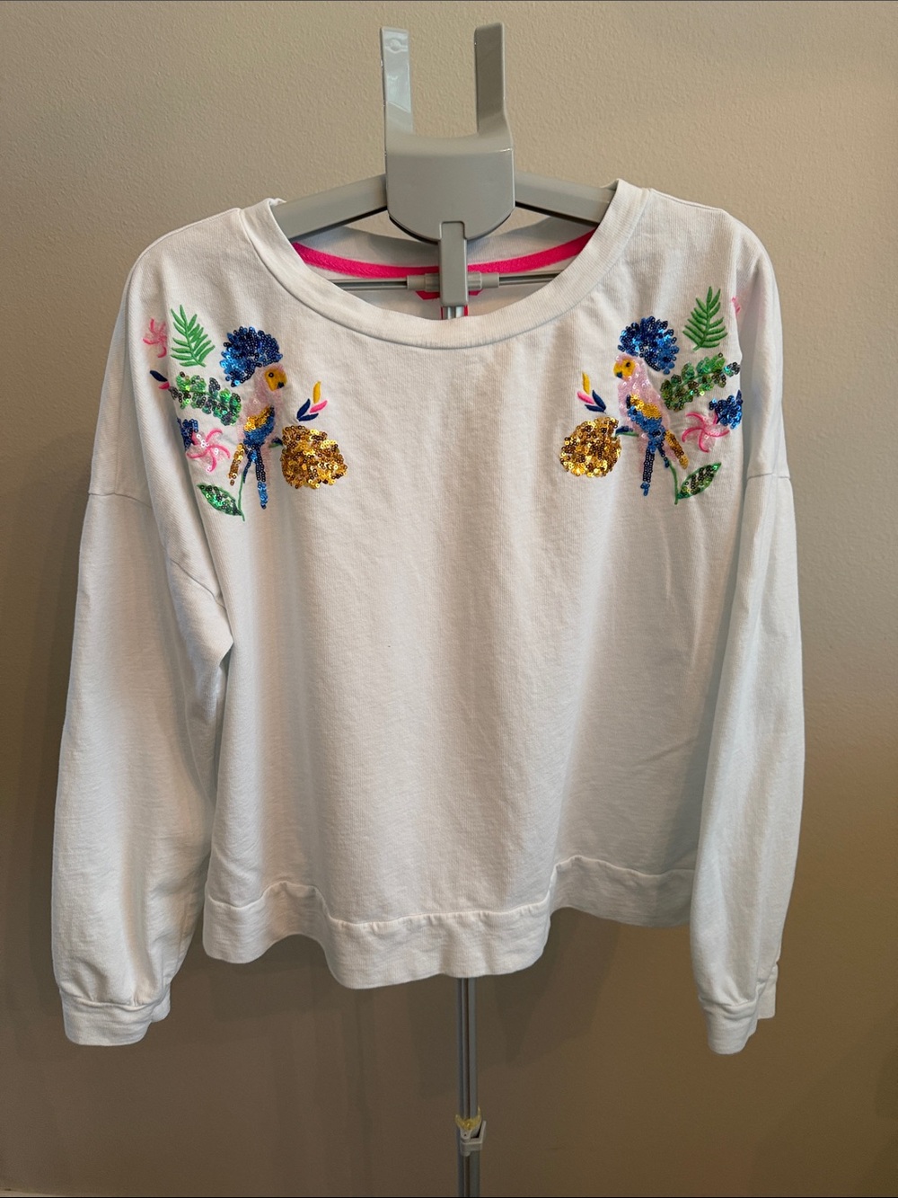 Lilly Pulitzer White Crewneck Sweatshirt with Sequin Parrot Embroidery